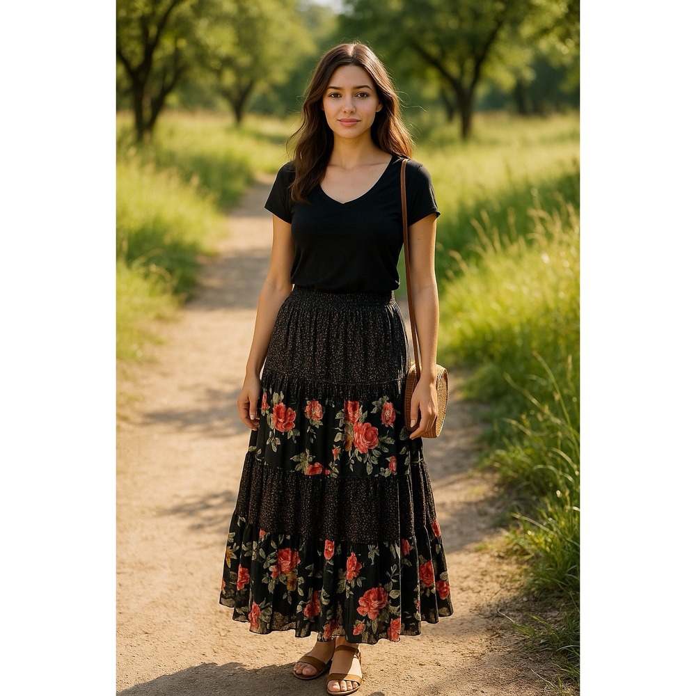 Tangibles Maxi Skirt Womens S Floral Tiered Sheer‎ Boho Cottagecore Y2K